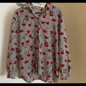 Womens  Red Flower Blouse/Long Sleeve/Collar